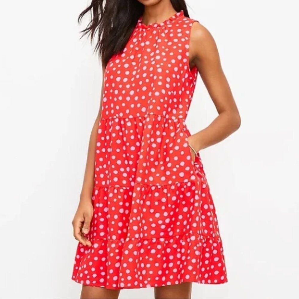 LOFT Red Polka Swing Mini Linen Blend Dress with Pockets Size XS